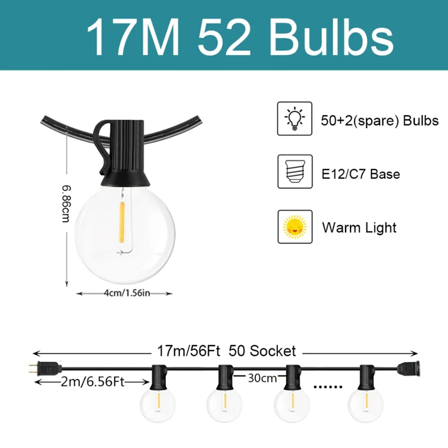 KIKIELF светодиодные гирлянды G40 теплый белый 9/14/26 м  для сада