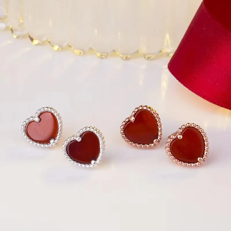 

925 Sterling Silver Electroplating Rose Gold Red Onyx Heart Earrings Korean Style Fashion Stud Earrings Merry Christmas Exquisit