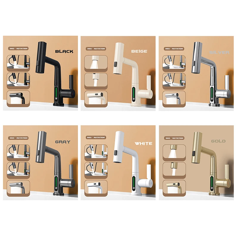 Подъемный смеситель с цифровым дисплеем водопад для раковины распылитель
