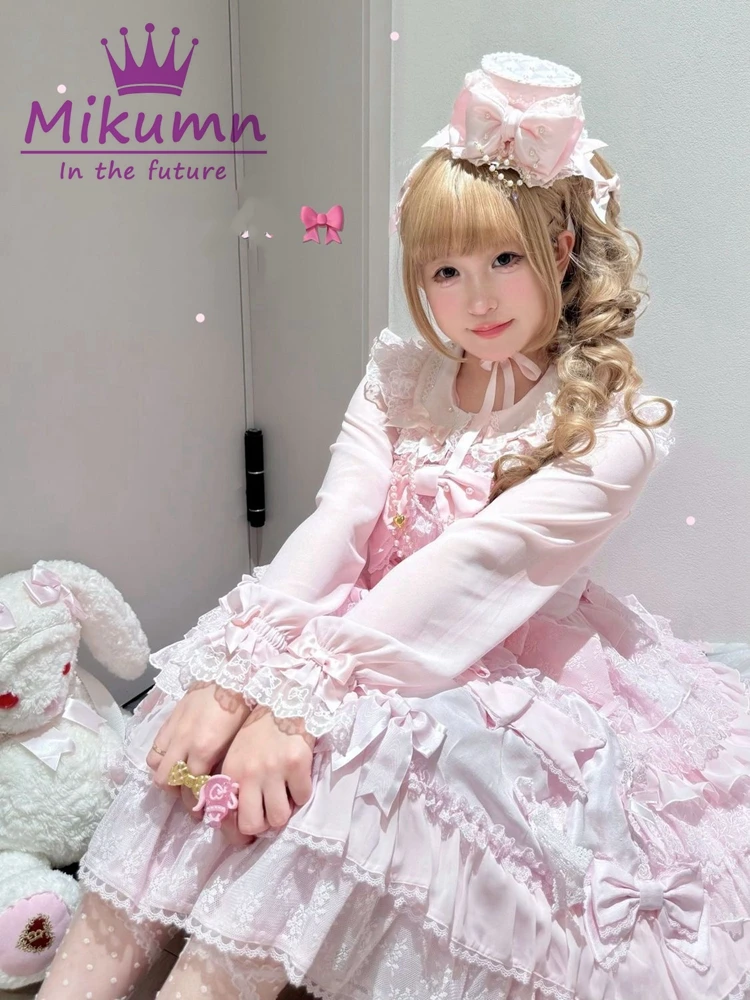 Женская блузка Mikumn Harajuku Kawaii в стиле Лолита, нежно-розовая, с воротником Питер Пэн, жемчужным бантом, кружевом, в стиле Y2K, японская милая блузка с рюшами (art.: 3920d8ec9be6f) - 3920d8ec9be6f