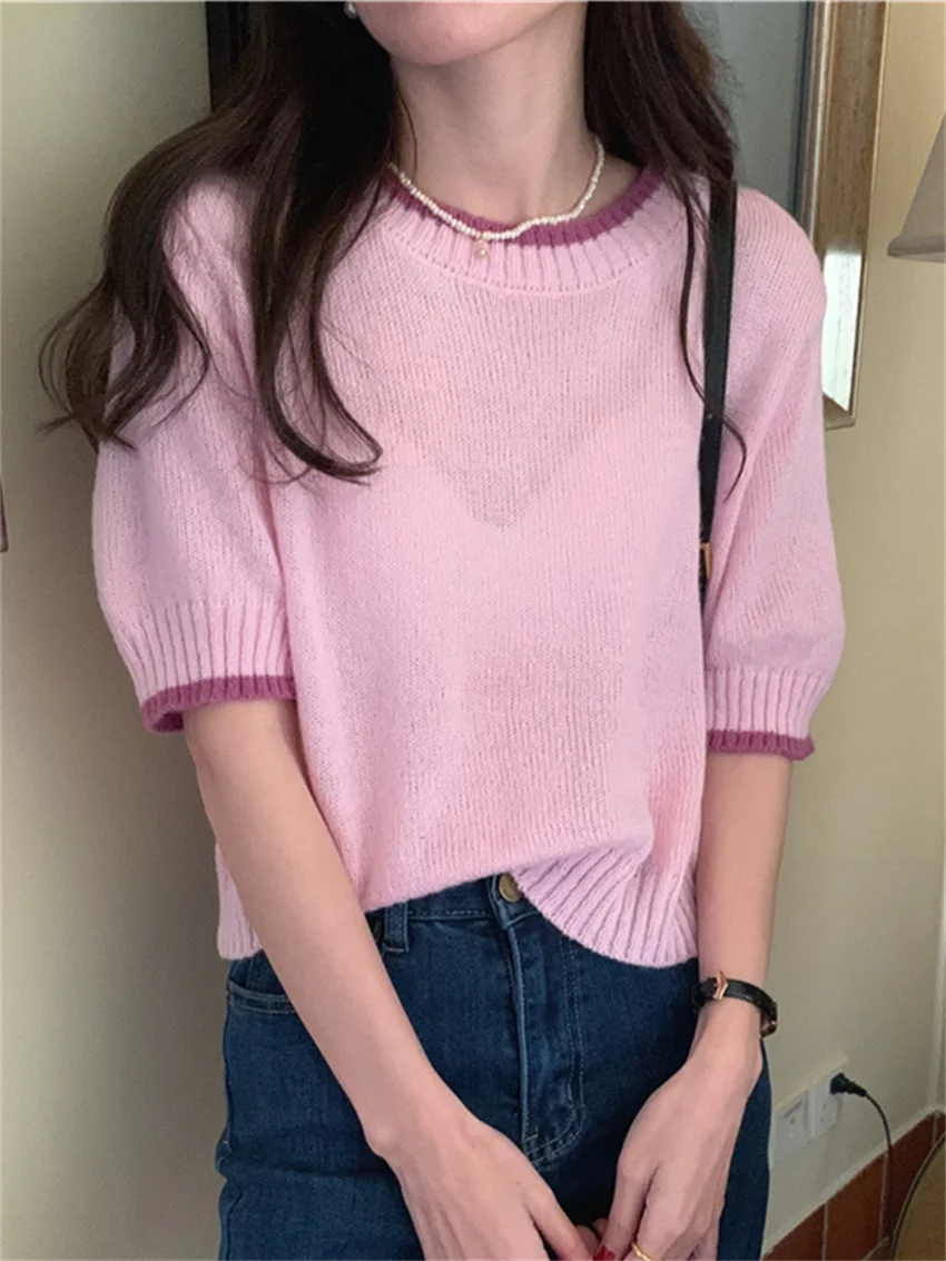 

Patchwork O-Neck Women Sweaters Tees Thin Pullover Short Sleeve Slim-Fit Chic Lady 2022 Summer New Loose OL Casual