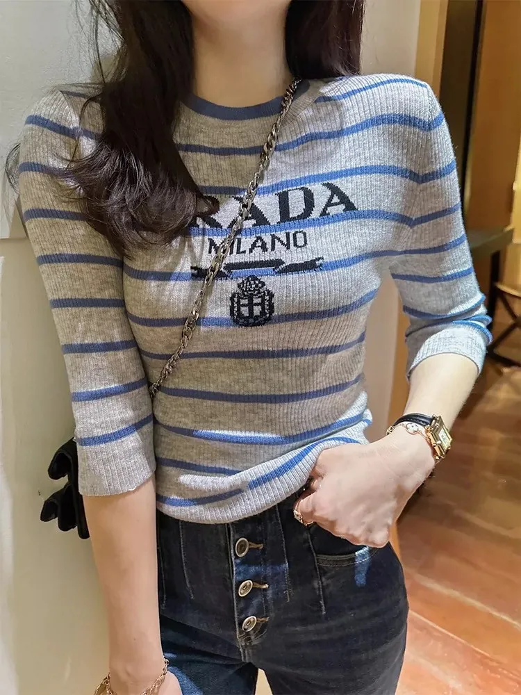 

Women's T-shirt 2023 Summer New Knitted Tank Top Fashion Stripe Embroidery Top Short Sleeve O-Neck Pullover Slim Blouse