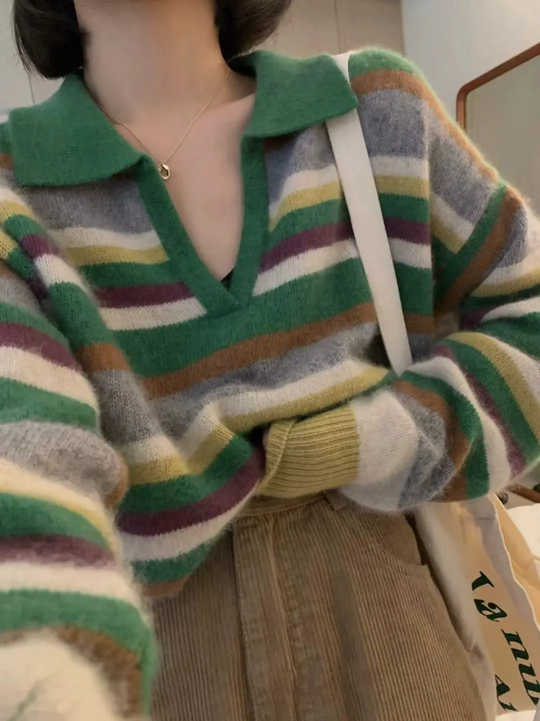 

Women 2023 Autumn Winter New Korean Fashion Striped Knitted Sweater Vintage Casual Long Sleeve Female Pullovers Coat Tops A36