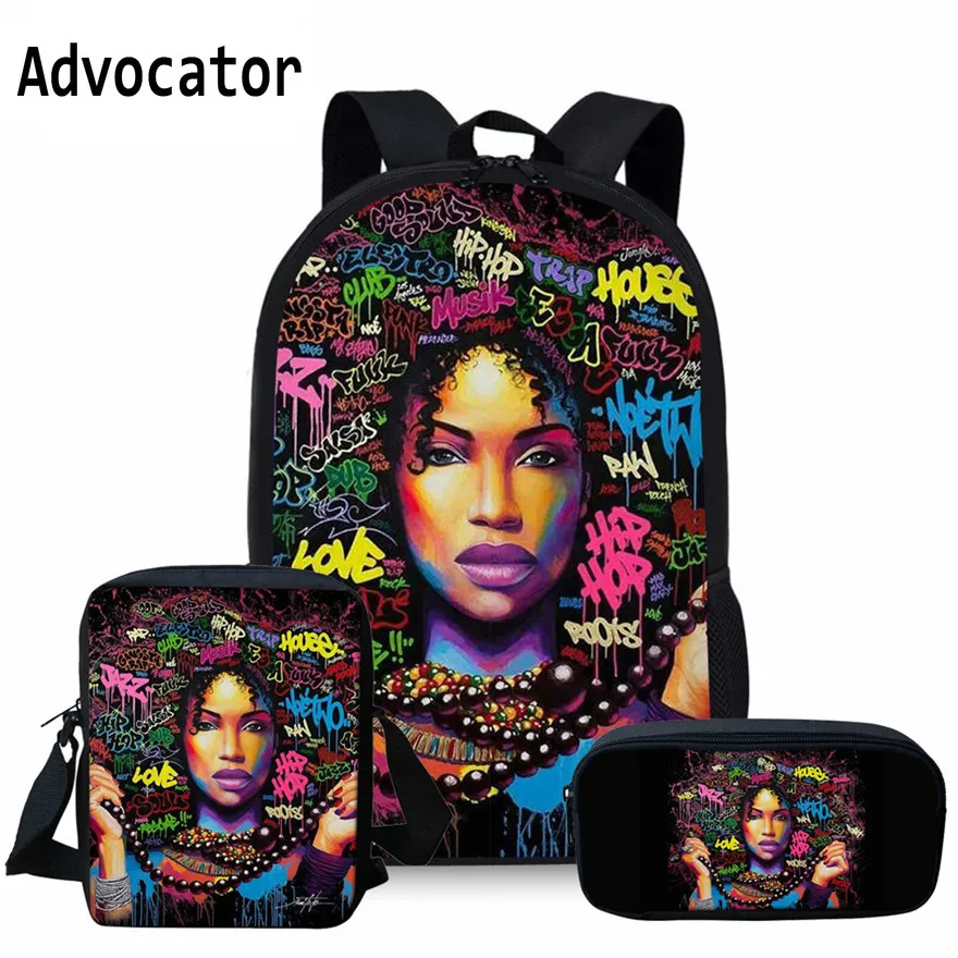 

ADVOCATOR Black Art African Women Print School Backpack Children School Bags for Teenager Girls 3pcs/set Schoolbags Kids Satchel