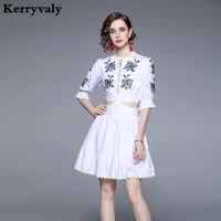 summer embroidered bubble sleeves highwaist revealing white dress women chic temperament floral dress k8636