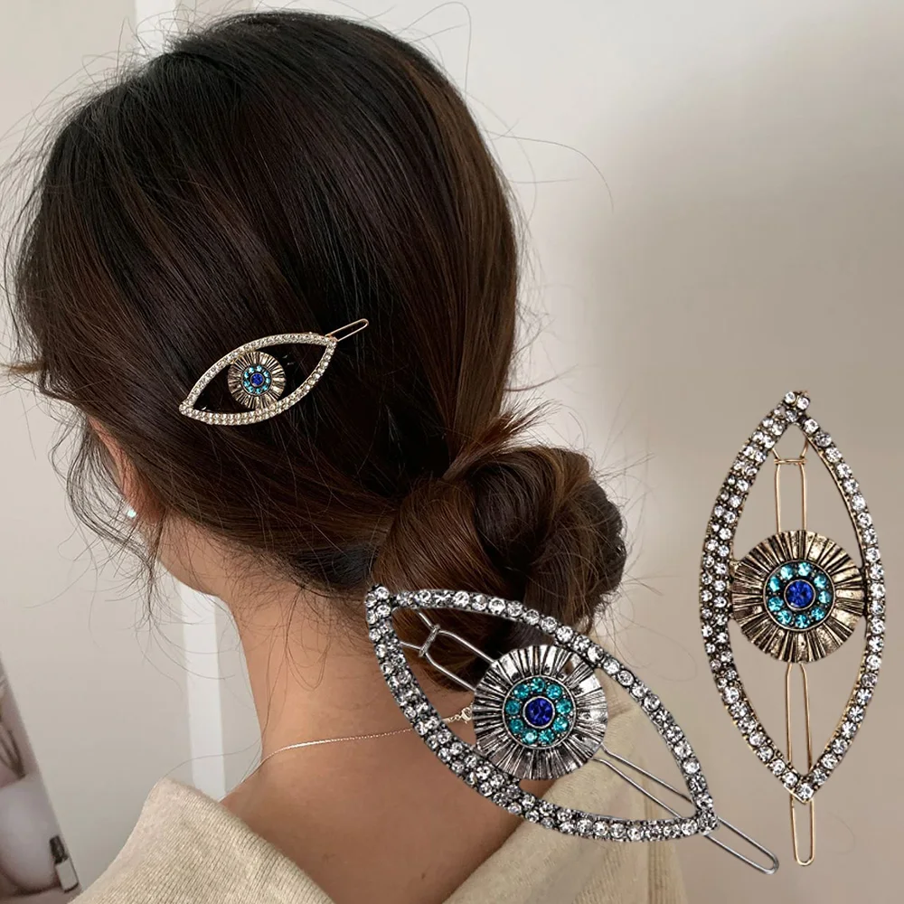 

Fashion Rhinestones Devil Eyes Hair Clip Vintage Blue Evil Eye Metal Hairpin for Women Girls Bangs Ponytail Barrettes Xmas Gifts