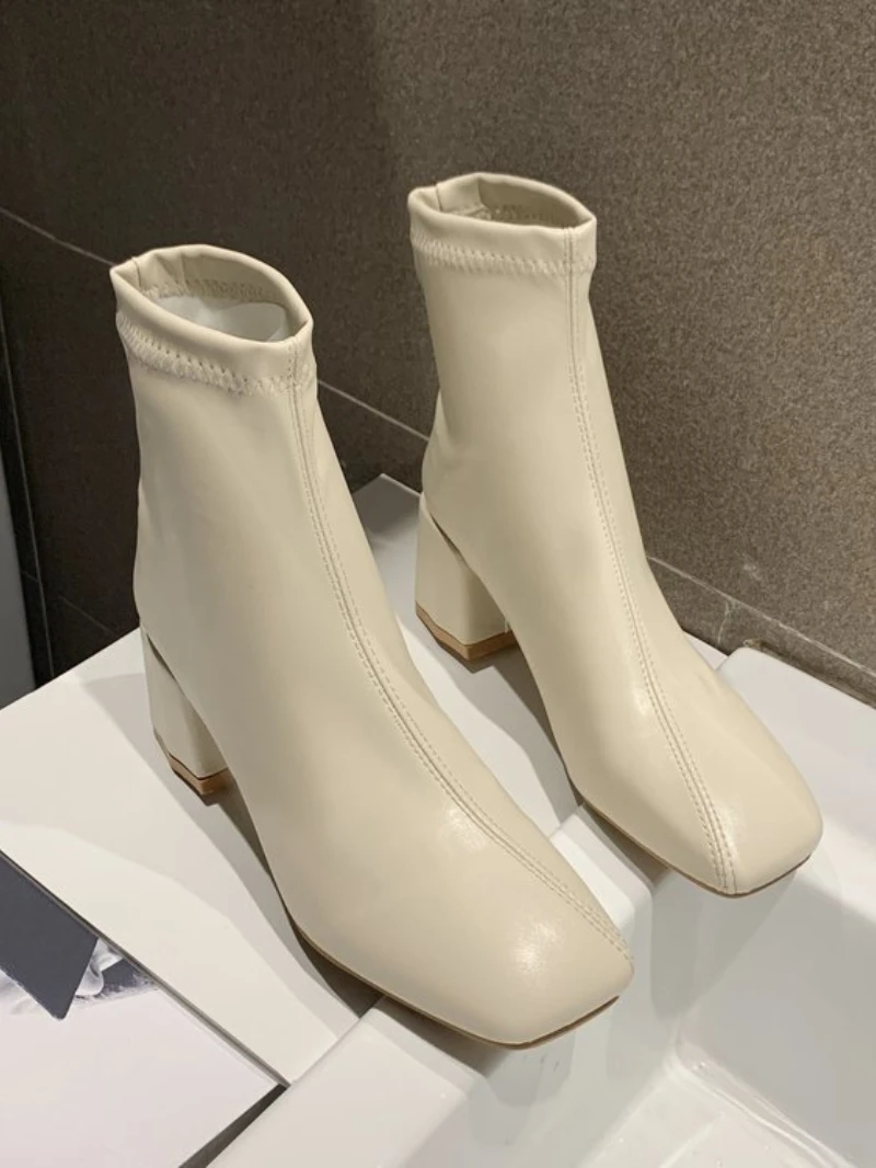 2023 Women Ankle Boots Females Shoes Square Toe High Heels Black White Classic Vintage Leather Comfort Breathable Chelsea Boots