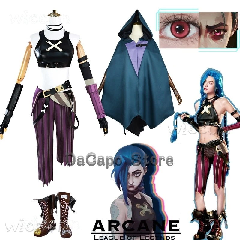 LOL Arcane S2 Jinx Powder Pow-Pow Cosplay Hooded Cape Shorts Costumes Wig Prop Cloak Shoes Eye Props Anime Halloween Party