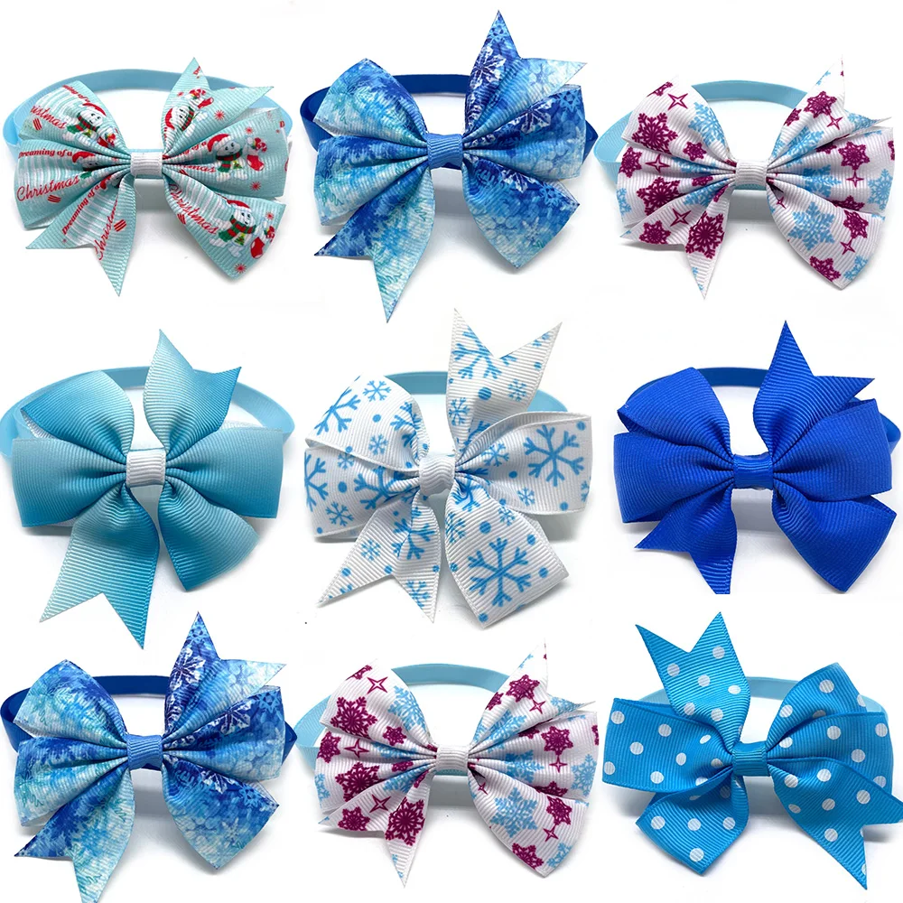 

50/100pcs Pet Dog Winter Accessories Small Dogs Cat Bowties Neckteis Snowflake style Dog Grooming Products Dog Holiday Blue Bows