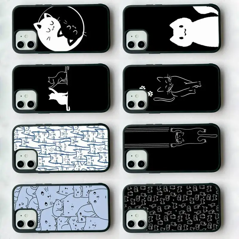 

MaiYaCa Simple Line Lovely Cat Phone Case Silicone PC+TPU Case for iPhone 11 12 13 Pro Max 8 7 6 Plus X SE XR Hard Fundas