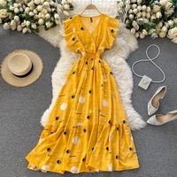 2021 floral v neck ruffles sleeve chiffon party dress summer short sleeve elastic waist print midi dress boho beach maxi dress
