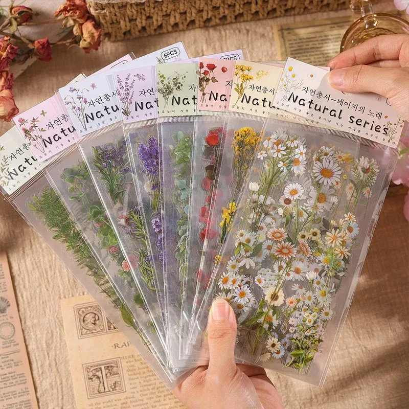 

6 Pcs Cute Retro Floral Sticker Set PET Transparent Flower Stickers For Scrapbook Planner Journaling DIY Crafts Cards Album