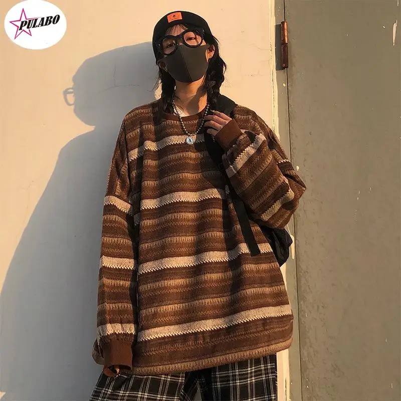 

Pullovers Women Men Oversize Sweater Warm Hip Pop Ulzzang BF Unisex Casual Striped Knit Young Girl Fashion Retro Daily