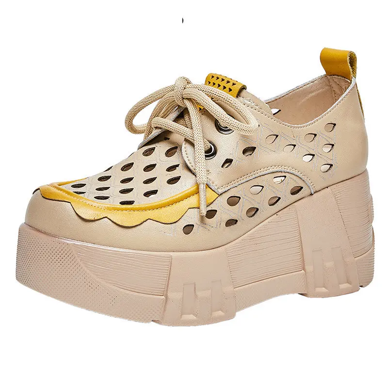 

Fujin/Новинка; Мокасины из натуральной кожи на платформе 7 см; Сезон лето; Женская обувь на танкетке со шнуровкой и круглым носком; Разноцветные...