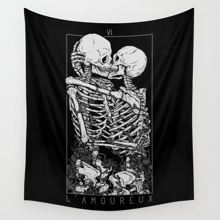 

The Lovers Skull Tapestry Kissing Lover Black And White Tarot Wall Covering Home Decor Blanket Bedroom Wall Hanging Tapestries