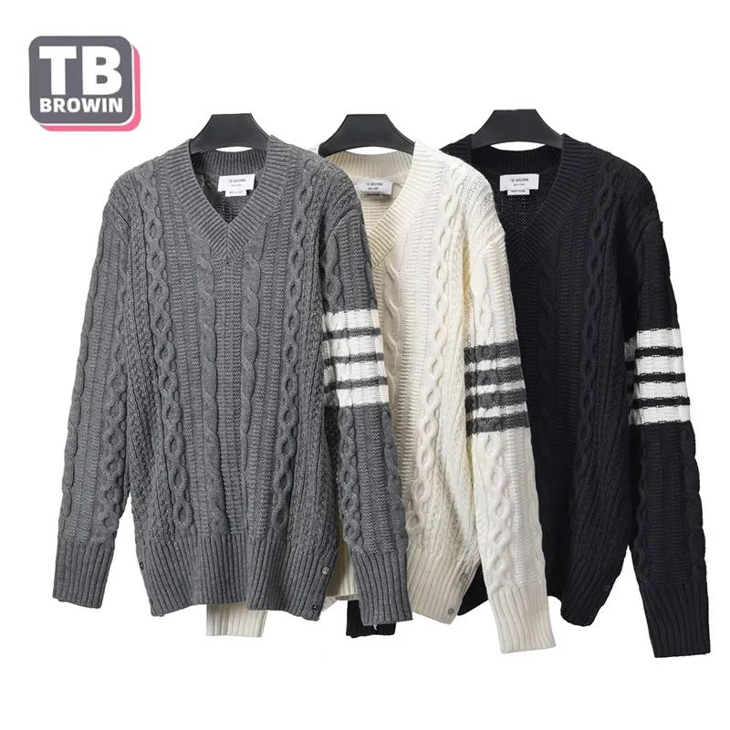 

TB BROWIN Men's Turtleneck Sweater V Collar Thom British Striped 4-bar Wool Brand Bottomed Pullover Luxury