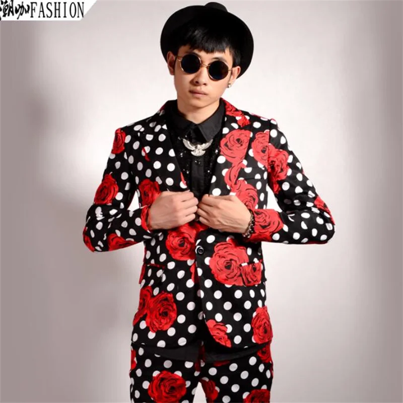 Polka dot suits mens blazers floral color clothes stage european and American Korean performance clothing singer