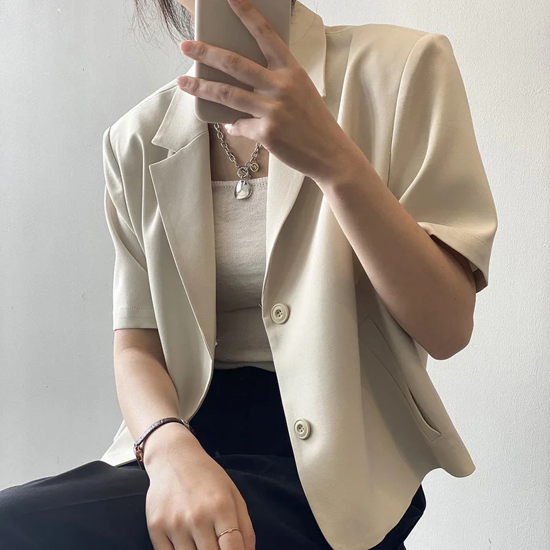 

Lucyever Elegant Office Short Sleeve Suit Coats Women Solid Color All Match Cropped Blazers Woman Single Breasted Short Jacket