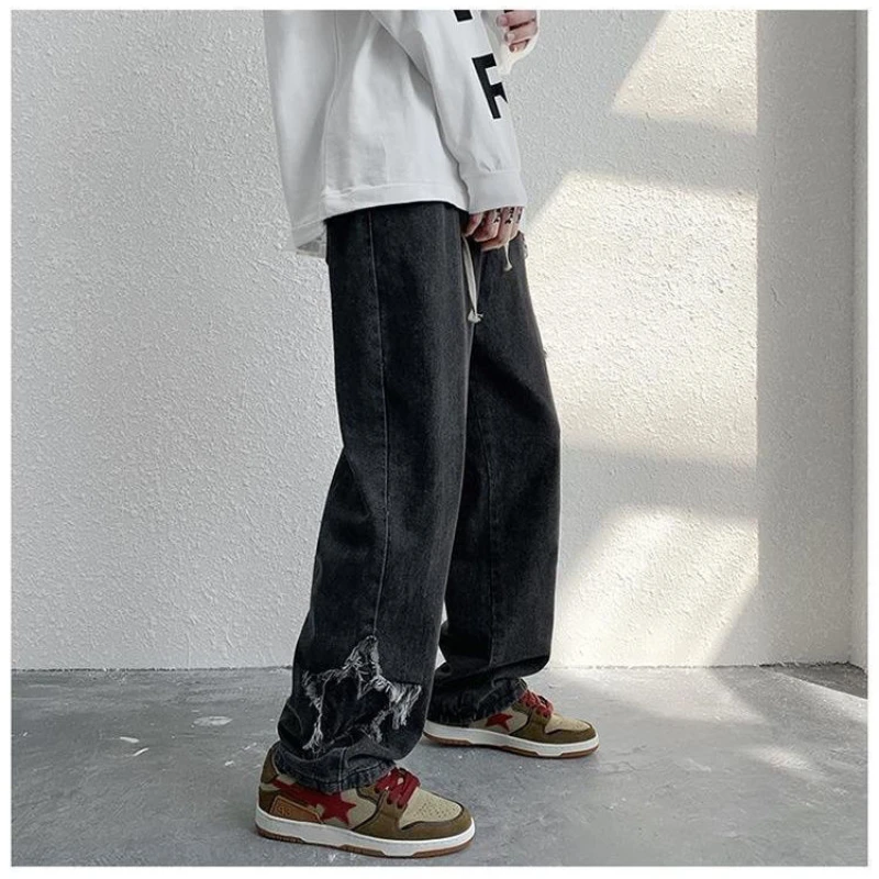 DEEPTOWN Men's Straight Jeans with Embroidery Stars Y2K Loose Casual Patch Youth Trousers Male Black Washed hip hop Streetwear