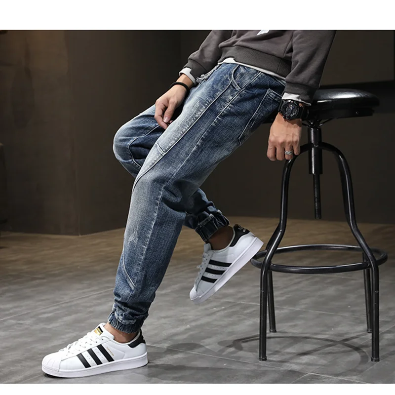Men Clothing Autumn New Straight Loose Cylinder Jeans Vintage Lacing Strap Elastic Force Comfortable Blue Harun Trousers Female