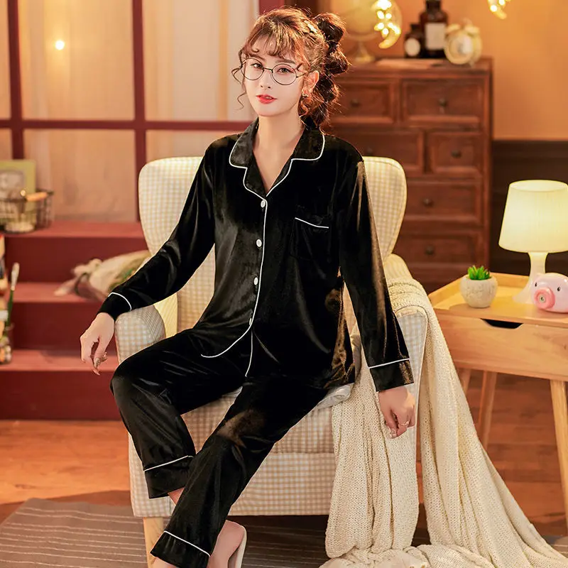 Women's Pajamas Set 2023 Spring Autumn New Long Sleeve Thin Gold Velvet Pijama Suit Korean Elegant Sexy Sleepwear Loungewear