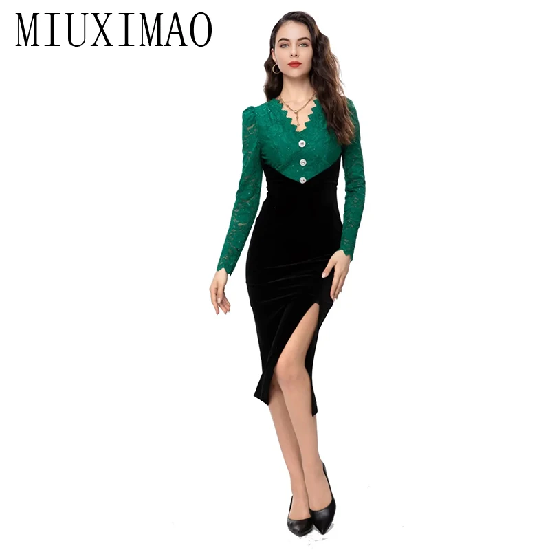 

MIUXIMAO 2023 Высокое качество Весна-лето элегантное платье во французском стиле с поясом модное Платье До Колена женские платья