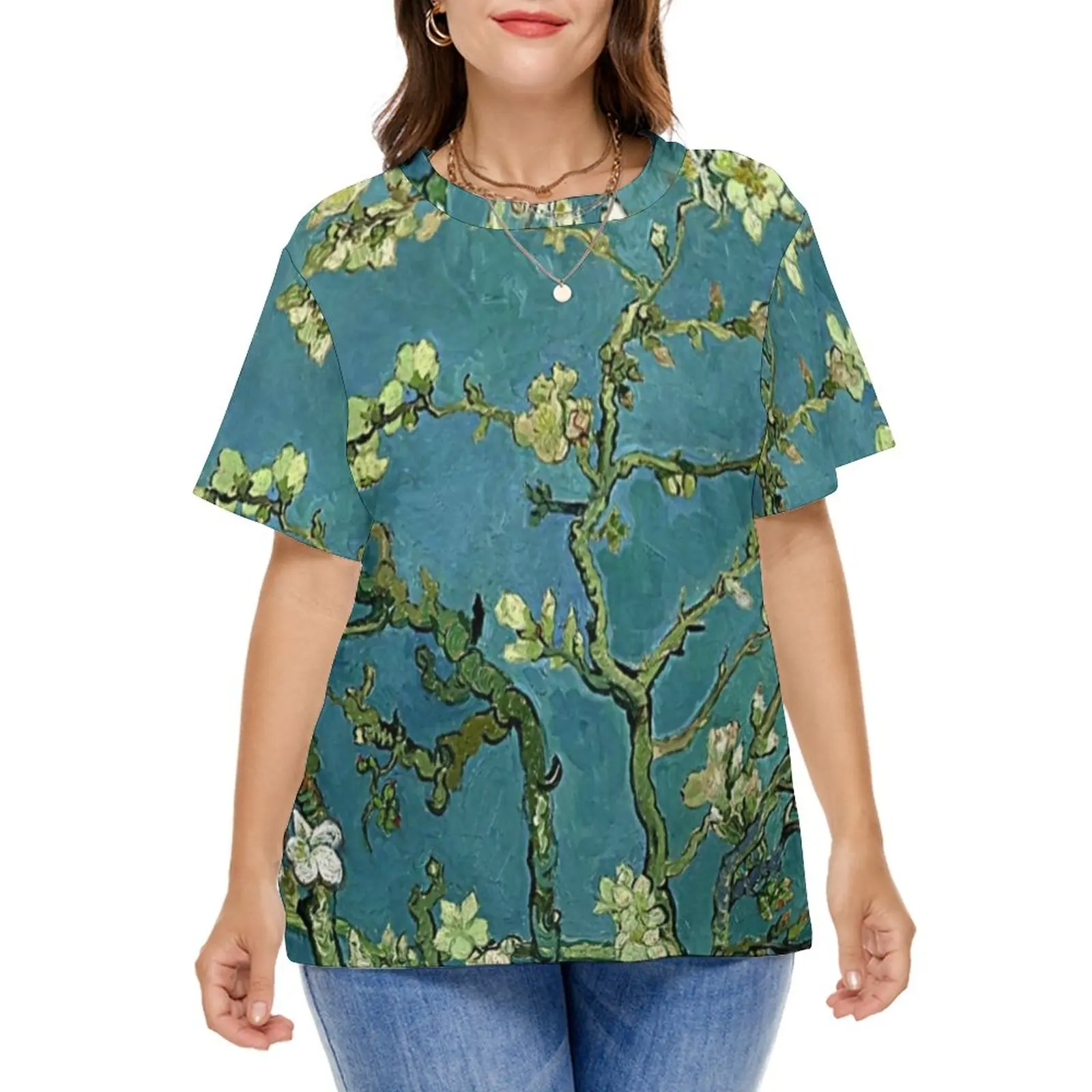 Floral Print Art T-Shirt Van Gogh Almond Blossoms Elegant T-Shirts Short Sleeve Streetwear Tee Shirt Summer Top Tees Plus Size