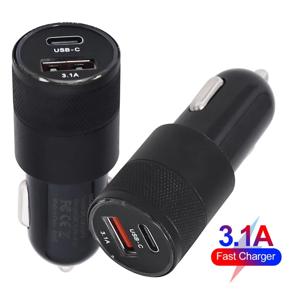 

15W 3.1A Car Charger Adapter Dual USB Ports Fast Charging with Type-C Overheating Protection Cigarette Socket Lighter Adapter