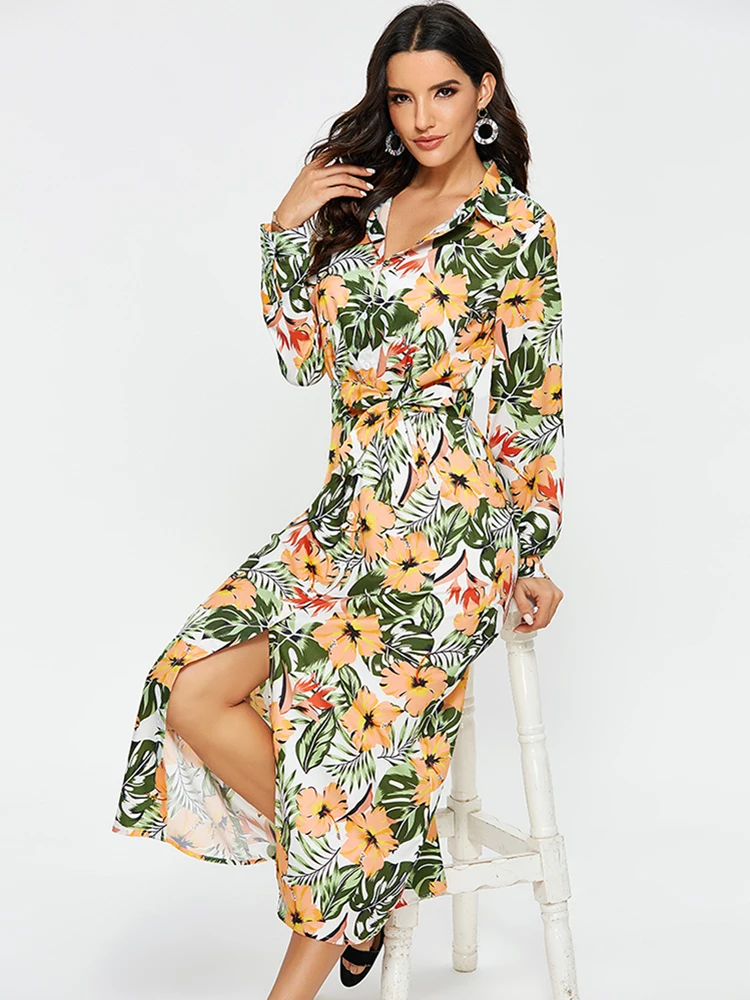 Длинное платье-рубашка Aachoae с цветочным принтом женское Бандажное платье длинным