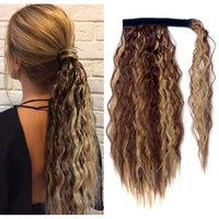 long corn wavy ponytail synthetic hairpiece wrap on clip hair extensions ombre brown pony tail blonde fack hair
