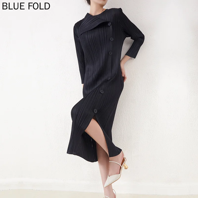 

Miyake Pleated Spring and Summer Designer Dress Loose Large Size Slim Mid-length Single-breasted Dress PLEATS Robe Femme Vetemen