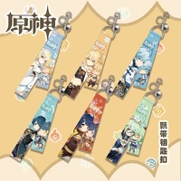 20pcs genshin impact lanyard keychain albedo tartaglia zhongli xiao anime figure bell ribbon keyring for women men lanyard gift