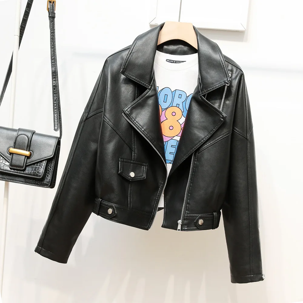 2023 Spring and autumn motorcycle leather lapel short coat loose handsome leather jacket