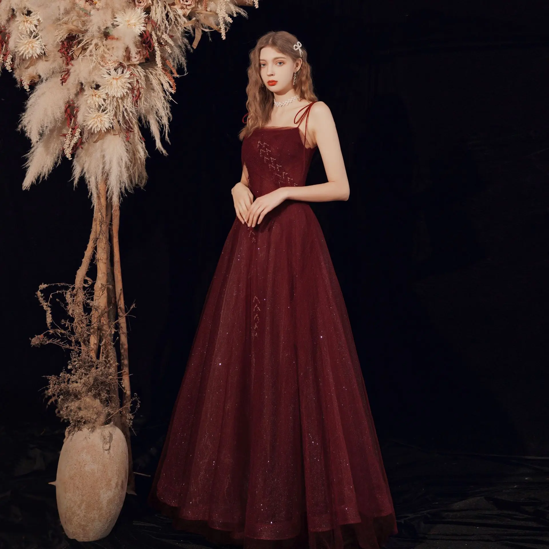 

LAMYA Elegant Spaghetti Strap Long Prom Dresses Beads A Line Evening Party Gown For Women Backless Customized Vestido De Noiva