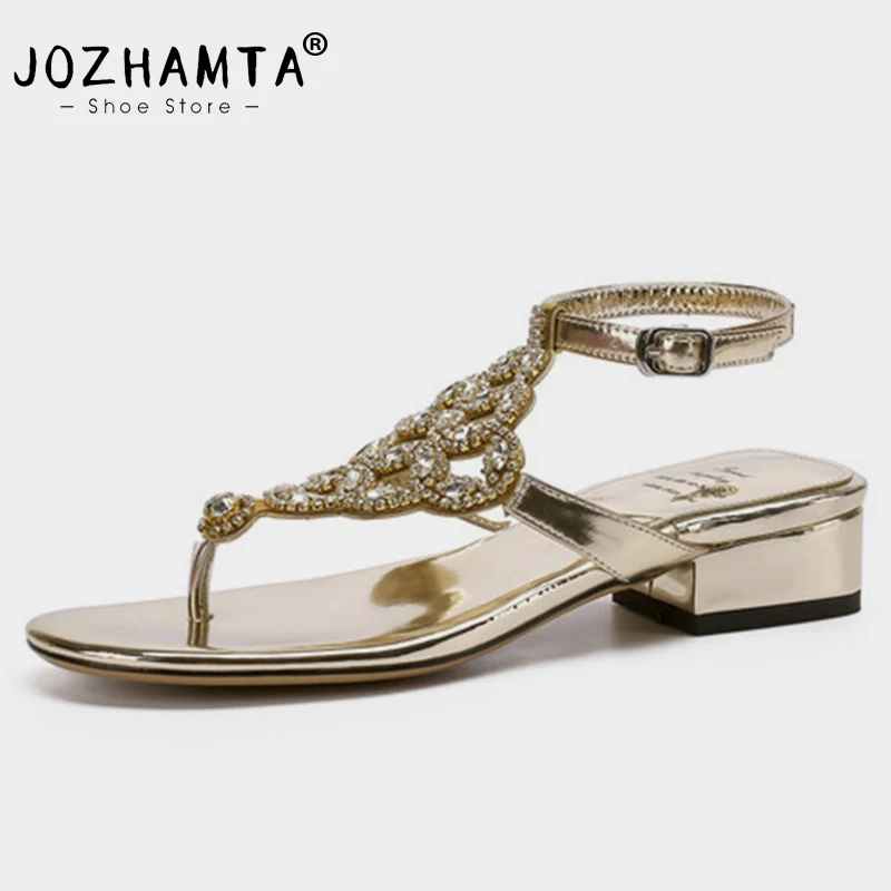 

JOZHAMTA Size 34-39 Women Sandals Rome Crystal Flip Flops Low Heels Summer Shoes Womans Ankle Strap Chunky Heel Gold Sandalias