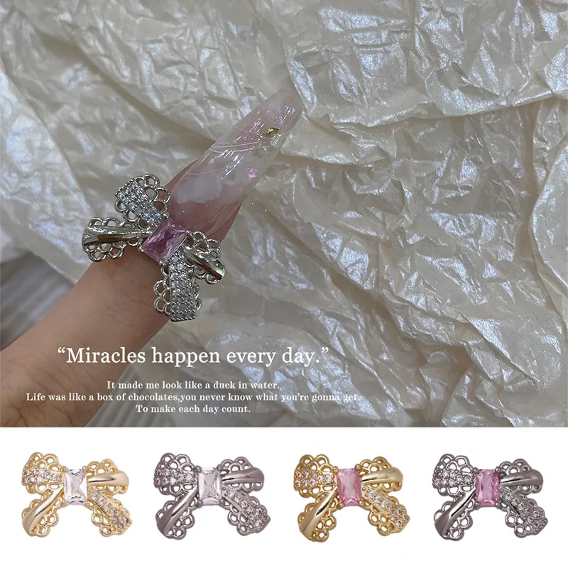 

10Pcs/Pack Zircon Lace Pink Bowtie Nail Charm Nail Ring With Zircons Crystal Decoration Hollow Lace Alloy Nail Accessory 14*20MM