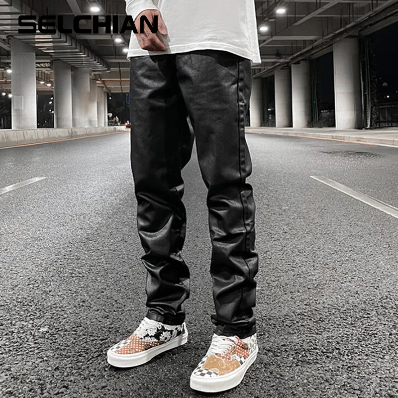 

Harajuku Black Jeans Men's Vibe Waxed Casual Trousers Straight Pockets Oversized Pencil Pants Loose Hip Hop Mens Pants