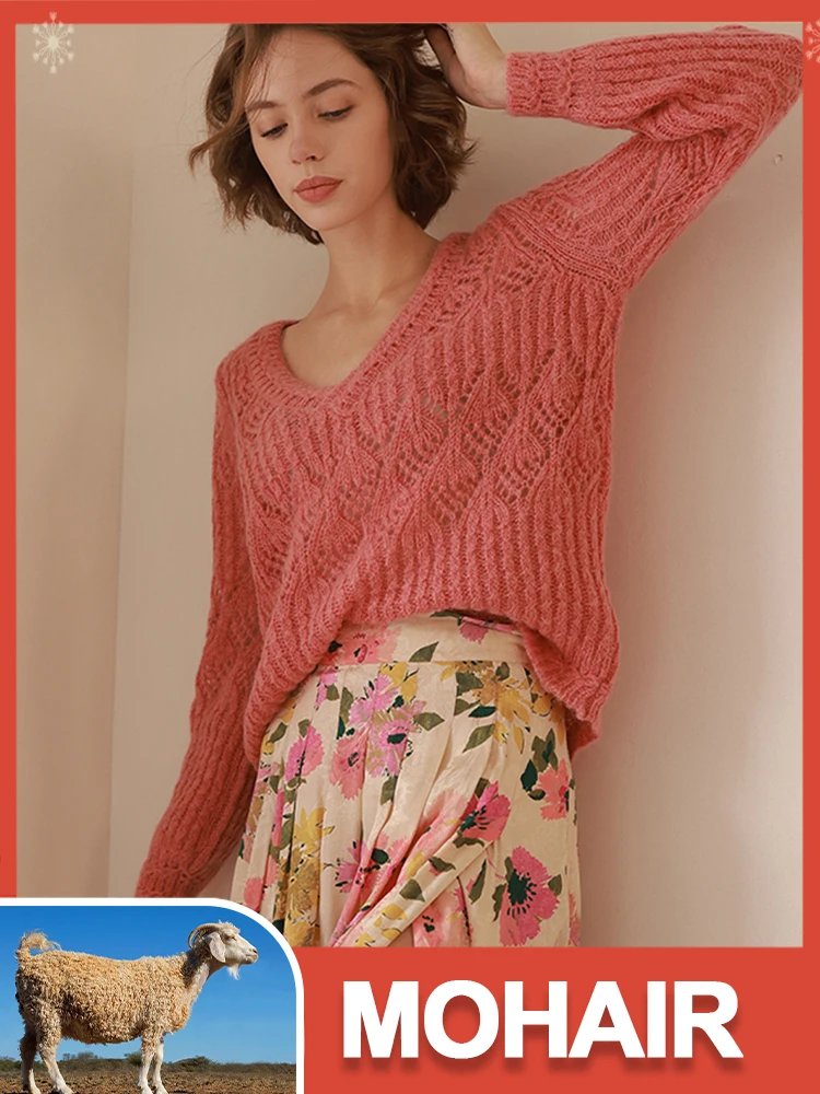 

Hollow Out Women Knitted Sweater Front and back Two Wear Long Sleeve Elegant Pullovers Vintage Autumn Solid Loose Mohair Jumper