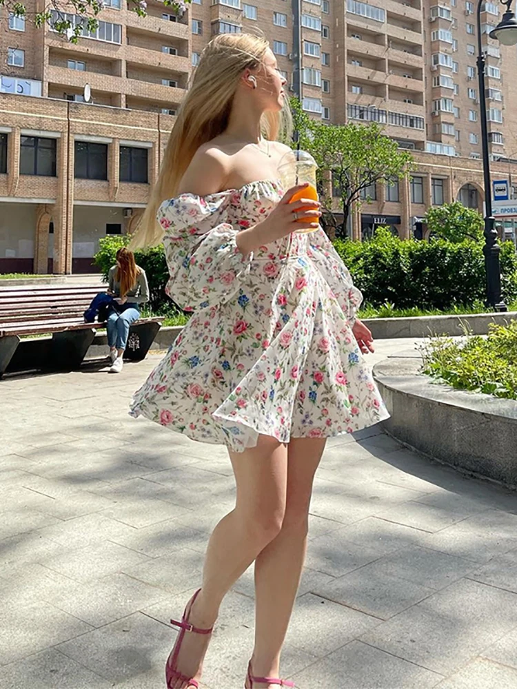 

NewAsia Floral Dress Women Lantern Long Sleeve Ruched Print A Line Square Neck Tie up Mini Vestidos Sexy Chic Summer Beach Dress