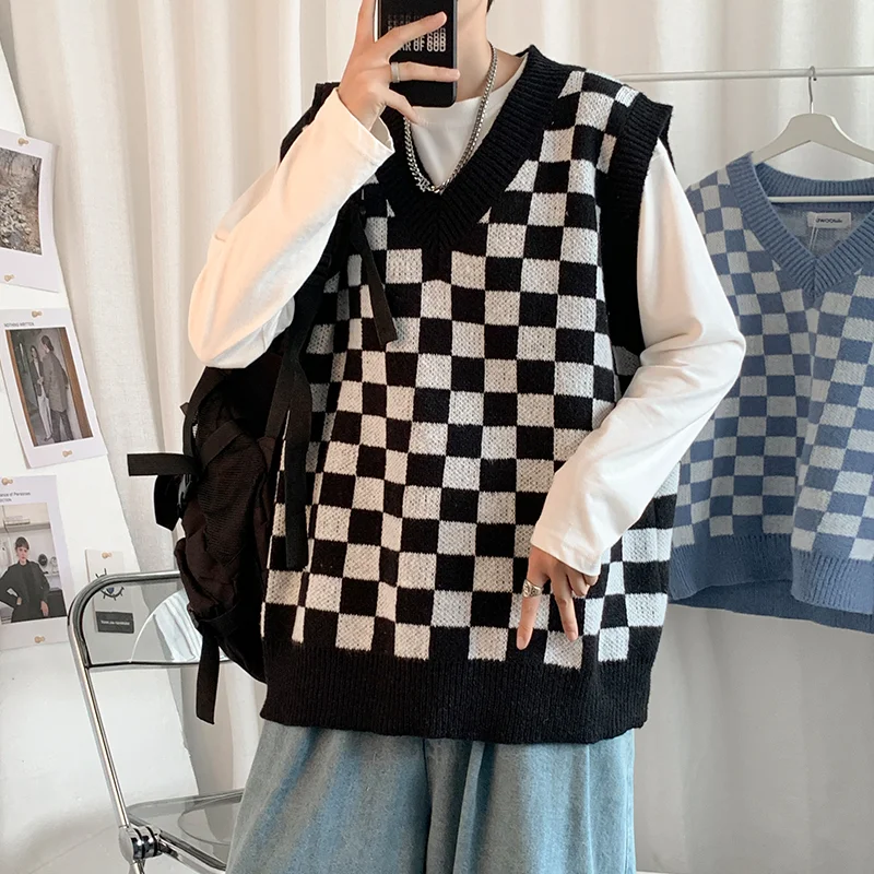 

Loose Hombre Vest Blue Checkerboard Neck Japanese Pullovers Knitted Vintage Plaid Sweater Chic Vests Chaleco Sleeveless Men