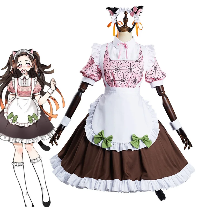 

Anime Demon Slayer Cosplay Kamado Nezuko Maid Outfit Women's Cute Lolita Dresses and Accessories Carnival Uniform Party