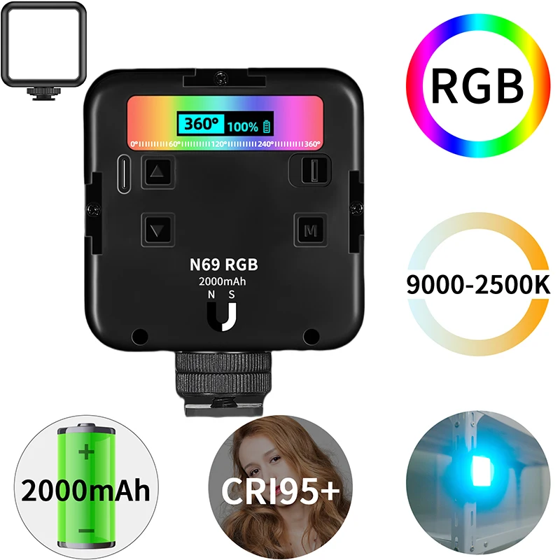 

RGB Full Color LED Video Light 2500K-9000K 800LUX Magnetic Mini Fill Light Extend 3 Cold Shoe 2000mAh Type-c Port