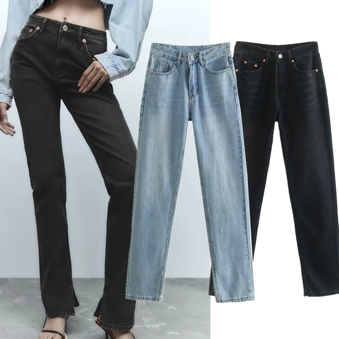 

Dave&Di High Wasit Straight Forking Denim Pants Casual American Vintage Jeans Women