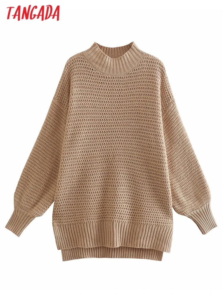 

Tangada 2022 Chic Women Khaki Oversized Sweater Vintage Ladies Long Knitted Jumper Tops 1F108