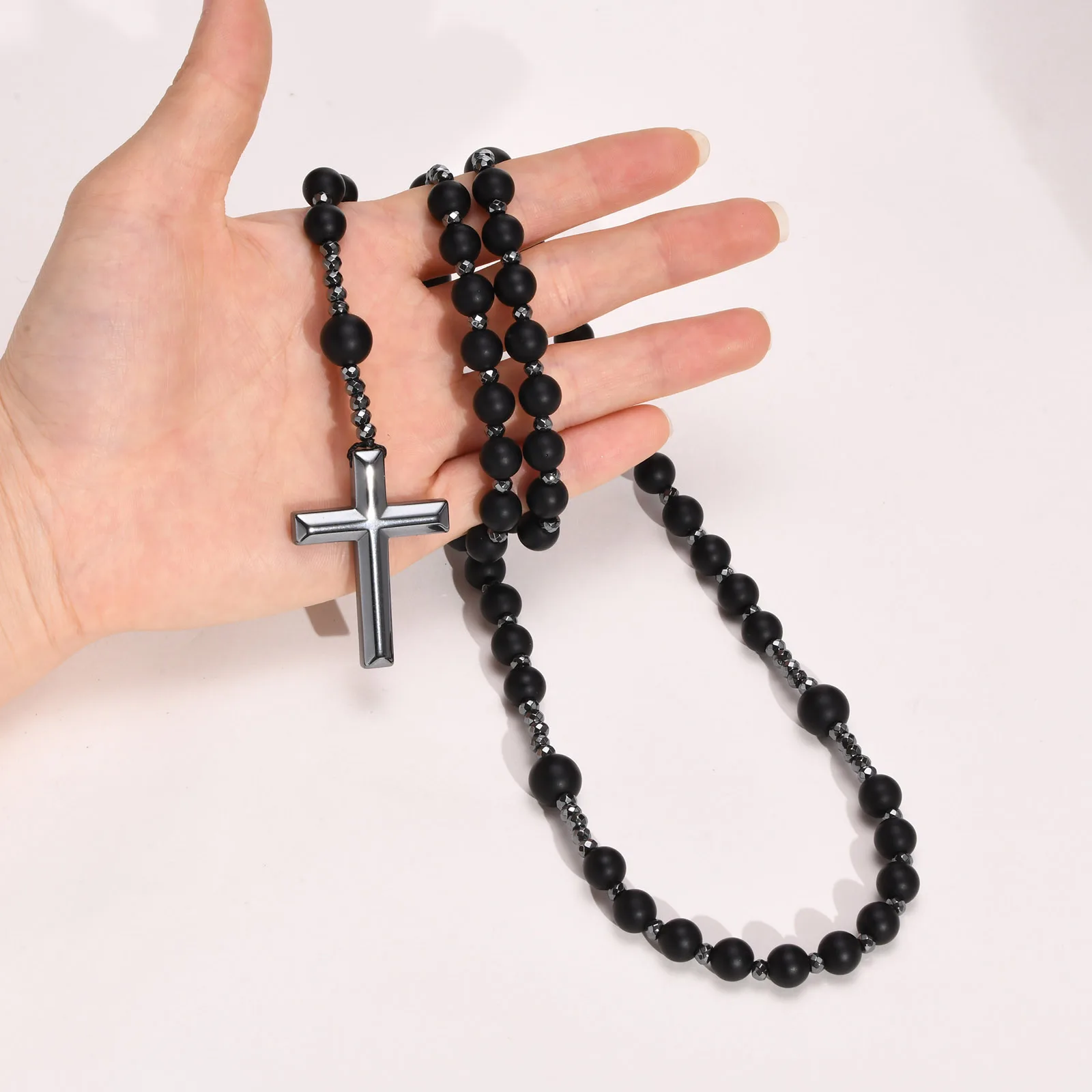Black Beads Cross Rosary Necklaces for Men, Male Power Balance Hematite Chain Necklace, Religious Faith Prayer Jewelry images - 6
