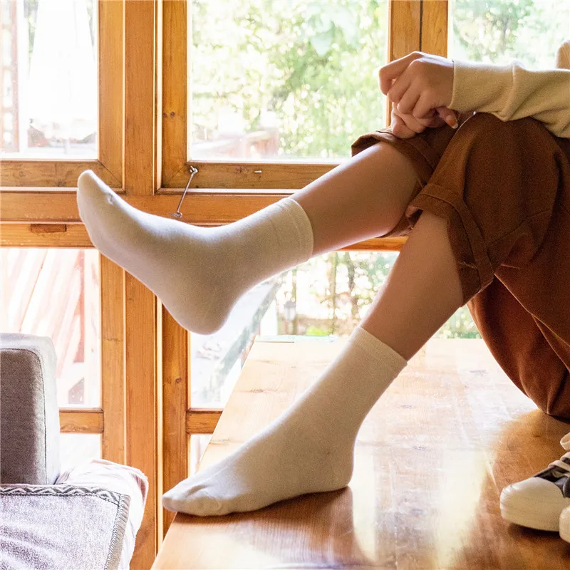 Spring and Autumn Socks Japanese Series Solid Color Women's Medium Tube Socks High Rib College Style Cotton Socks
