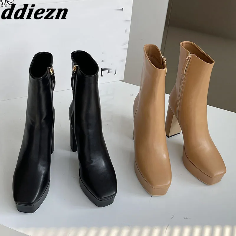 

New 2023 Platform Women Ankle Boots Autumn Spring Fashion High Heels Ladies Modern Boots Square Toe Zippers Female Pumps Shoes