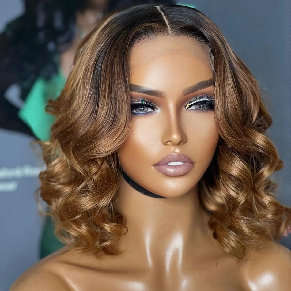 

200 Density Human Hair Ombre Brown Bob 360 Lace Frontal Wig for Black Women Remy Indian Hair 5x5 Lace Closure Wig with Dark Root