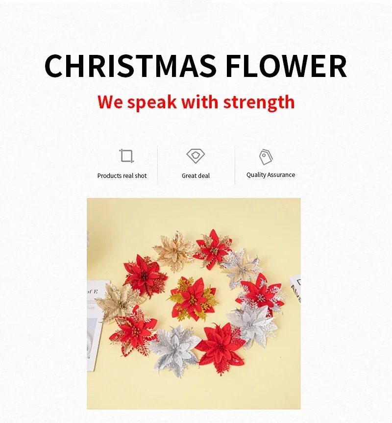 Блестящие искусственные рождественские цветы Золото Серебро Блестящий порошок