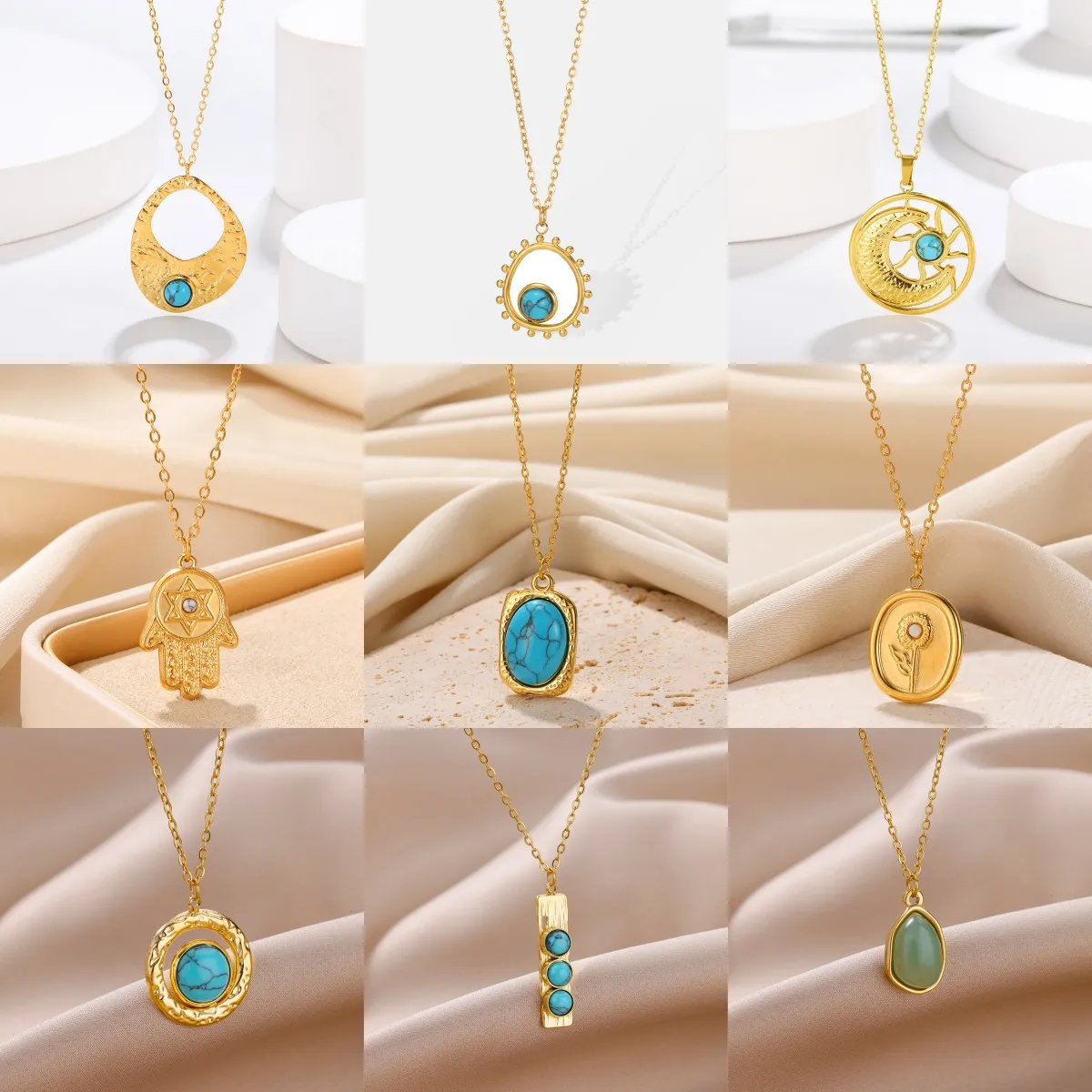 

Stainless Steel Pendant Necklace For Women Natural Stone Necklace Gold Color Chain Vintage Moon Round Jewelry Gift Free Shipping